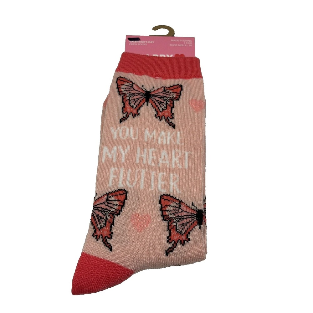 valentines day womens crew socks 1 pair size 4-10 butterflies pink
